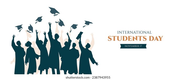 world students day November 17 Vector illustration. Graduate students throw hats Silhouette banner. 