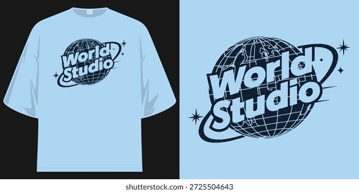 World Studio Globe Logo Retro 90s Streetwear Diseño gráfico Camiseta Ilustración vectorial Obra de arte