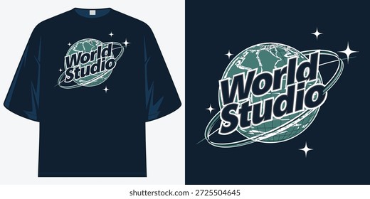 World Studio Globe Logo Retro 90s Streetwear Diseño gráfico Camiseta Ilustración vectorial Obra de arte
