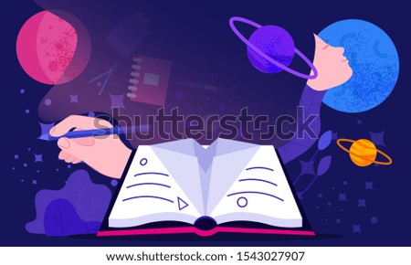 The world of studying concept fantasy cartoon with graphics, microchips, stars and planets coming out from the open text book at night, between writing hand and happy human face dreaming of science