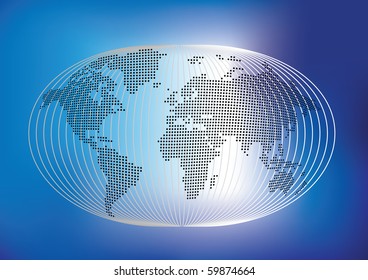 World stylized in blue lines with world map in dots