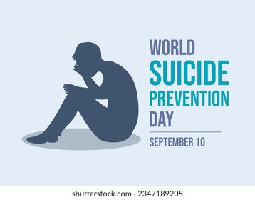 Ilustración vectorial del Día Mundial de la Prevención del Suicidio. Hombre triste sentado en el suelo abrazando su vector icono de rodillas. Silueta de persona deprimida. Símbolo de salud mental. 10 de septiembre cada año. Día importante