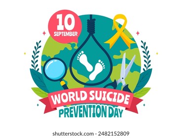 World Suicide Prevention Day Vector Illustration on September 10 with a Hanging Rope and Hands to Prevent Suicides in a Flat Cartoon Background