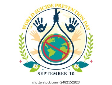 World Suicide Prevention Day Vector Illustration on September 10 with a Hanging Rope and Hands to Prevent Suicides in a Flat Cartoon Background