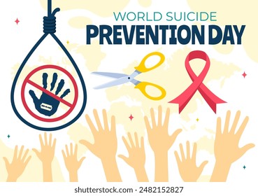 Ilustración vectorial del Día Mundial de la Prevención del Suicidio el 10 de septiembre con una cuerda colgante y las manos para prevenir los suicidios en un fondo plano de dibujos animados