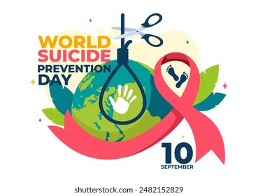 Ilustración vectorial del Día Mundial de la Prevención del Suicidio el 10 de septiembre con una cuerda colgante y las manos para prevenir los suicidios en un fondo plano de dibujos animados