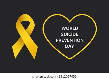 Día Mundial para la Prevención del Suicidio, Ilustración vectorial para el Anuncio o cartel. Texto Día Mundial de la Prevención del Suicidio y cinta amarilla sobre fondo negro.