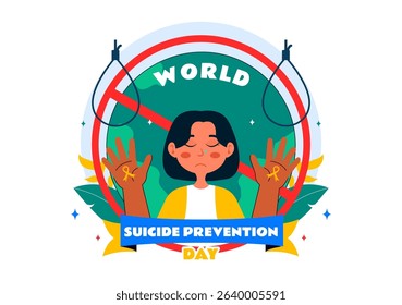 World Suicide Prevention Day Vector Illustration on September 10, Featuring a Hanging Rope and Helping Hands to Prevent Suicide in a Flat Background