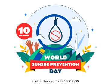 World Suicide Prevention Day Vector Illustration on September 10, Featuring a Hanging Rope and Helping Hands to Prevent Suicide in a Flat Background