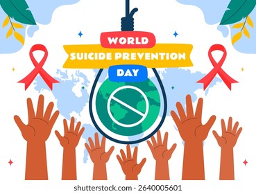 World Suicide Prevention Day Vector Illustration on September 10, Featuring a Hanging Rope and Helping Hands to Prevent Suicide in a Flat Background