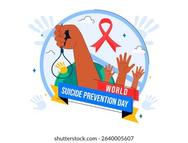 World Suicide Prevention Day Vector Illustration on September 10, Featuring a Hanging Rope and Helping Hands to Prevent Suicide in a Flat Background