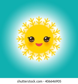 World Sun day may 3, Kawaii funny yellow sun with cute smiles pink cheeks and eyes on sky blue background. Vector