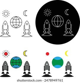 Mundo, Sol, Luna, Cohete, Icono, Espacio, Tierra