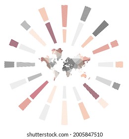 The World sunburst. Low poly striped rays and map of the world. Artistic vector illustration.