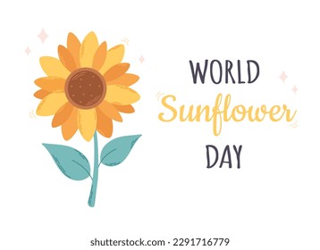 World Sunflower Day, May 1. Beautiful sunflower with green leaves. Hand drawn vector illustration