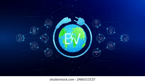 World surround cable wire. EV Electric vehicle charging station battery. Clean energy alternative future. Environment nature energy technology. Energy ECO icon on digital blue background. Vector.