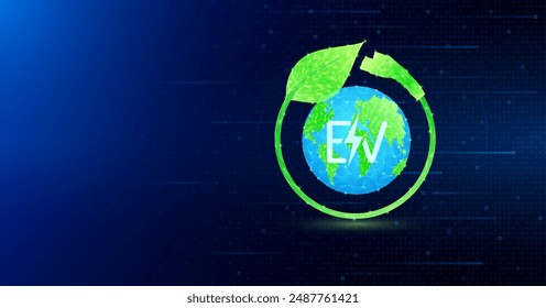 World surround EV Electric vehicle charging station battery. Cable wire and green leaves. Clean energy alternative future. Environment nature energy technology. Empty space for text. Vector.