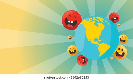 World surrounded by multiple expressive emoji faces in orbit formation