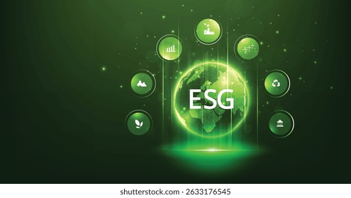 World sustainable environment concept design.Green earth for Environment Social and Governance. Solving environmental, social and management problems with figure icons.	