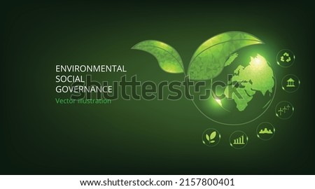  World sustainable environment concept design.Green earth for Environment Social and Governance. Solving environmental, social and management problems with figure icons. 