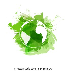 World symbol on green watercolor paint background for ecology friendly concept, Vector illustration