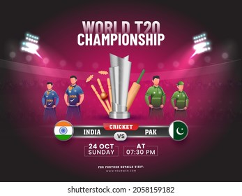 World T20 Championship Concept With 3D Cricket Equipment, Silver Trophy Cup Of Participate Team India VS Pakistan On Stadium Background.