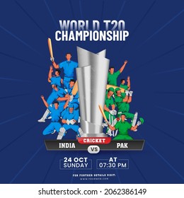 World T20 Championship Concept With 3D Silver Trophy Cup And Participating Team India VS Pakistan Players On Blue Rays Background.