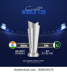 El Concepto De Cricket Mundial T20 Con La Copa De Trofeos De Plata 3D Del Equipo Participante India vs Pakistán Con El Fondo Del Estadio Azul.