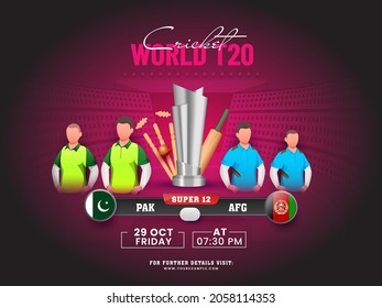 World T20 Cricket Match Between Pakistan VS Afghanistan With Faceless Players And 3D Silver Trophy Cup On Pink Stadium Background.