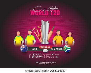 World T20 Cricket Match Of Participating Team Australia VS South Africa With 3D Tournament Equipment On Dark Pink Stadium Background.