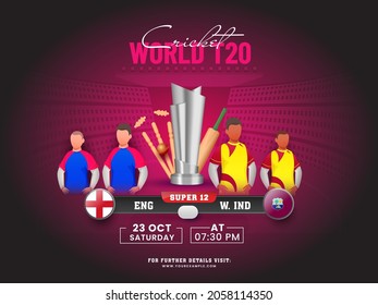 World T20 Cricket Match Of Participating Team England VS West Indies With 3D Tournament Equipment On Dark Pink Stadium Background.