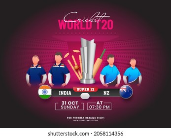 World T20 Cricket Match Of Participating Team India VS New Zealand With 3D Tournament Equipment On Dark Pink Stadium Background.