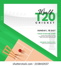 World T20 Cricket Match Poster Or Template Design With Top View Of Playground On White And Green Background.