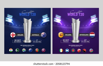 World T20 Cricket Social Media Post Con El Equipo De Países Participantes Y La Copa De Trofeos De Plata 3D En Dos Opciones De Color.