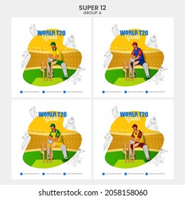 World T20 Cricket Social Media Posts With Different Countries Wicket Keeper Hits Ball To Stump On Abstract Background In Four Options. Super12 Group A List.
