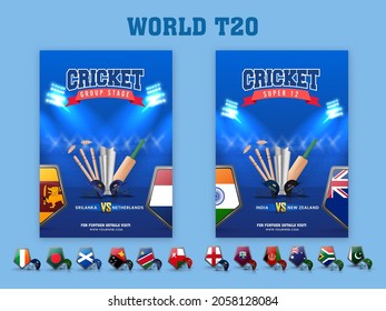 Plantilla De Cricket Mundial T20 Con Equipo De Torneo 3D Y Países Participantes Escudo De Bandera En Color Azul.