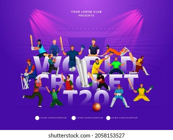 World T20 Cricket Text With Faceless Cricketer Players In Different Poses And 3D Silver Winning Trophy On Violet Stadium Background.
