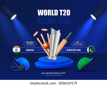 World T20 Game On! Concept With 3D Cricket Equipment And Participating Team India VS Pakistan On Blue Background.