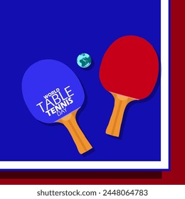 World Table Tennis Day event banner. Two table tennis bats and an earth-shaped ping pong ball in table tennis to celebrate on April 23rd