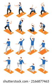 World tai chi and qigong day isometric icons set with people in different poses isolated vector illustration