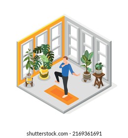 World tai chi and qigong day isometric composition with man practicing in his room vector illustration