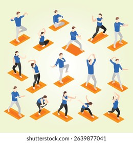 World tai chi and qigong day isometric icons set with people in different poses isolated vector illustration