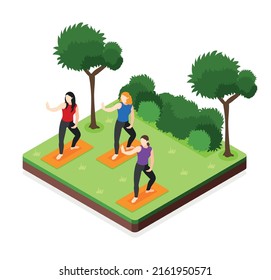 World tai chi and qigong isometric composition with women practicing outdoor vector illustration