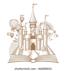 World of tales, fairy castle appearing from the old book, cartoon vector illustration. Mono line art