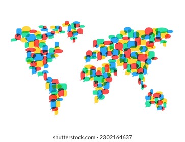 World talk. Global forum, worldwide opinions and colourful speech bubbles map. Free speech, earth languages translation and open communication concept vector illustration