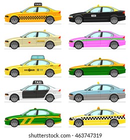 World taxi flat icons vector set. China, UK, USA, Korea, Australia, Brasil, Spain, Russia, Egypt, India, Hong Kong, Mexico, Japan, Germany, Berlin, Tokio, London, Moscow, Cairo, Melbourne, Delhi