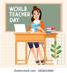 world teacher day poster illustrate by teacher sit on chair, laptop on desk and balckboard behind her vector illustration. used for poster, web image and other