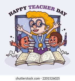 World teacher day with student and teacher character hand drawn illustration