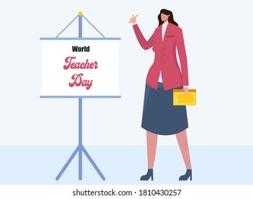 World teacher day vector concept: Female teacher with World Teacher Day text on whiteboard
