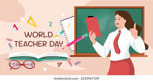 World teacher day. Woman with book near chalkboard. International holiday 5 October. Education and learning. Teacher giving lecture or lesson. Flat vector illustration
